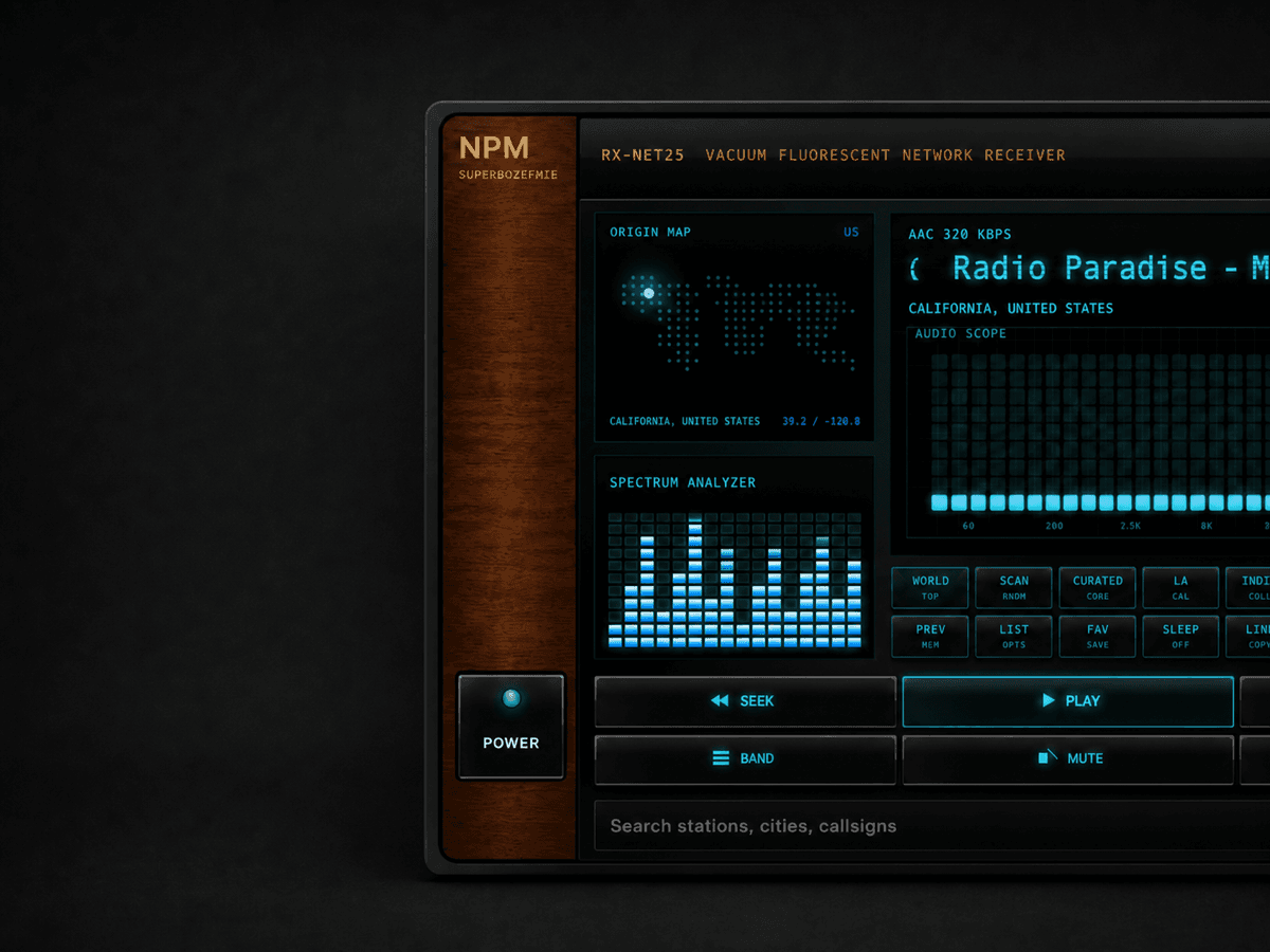 Left half of the dark walnut Internet Radio Receiver actively playing Radio Paradise against a charcoal background