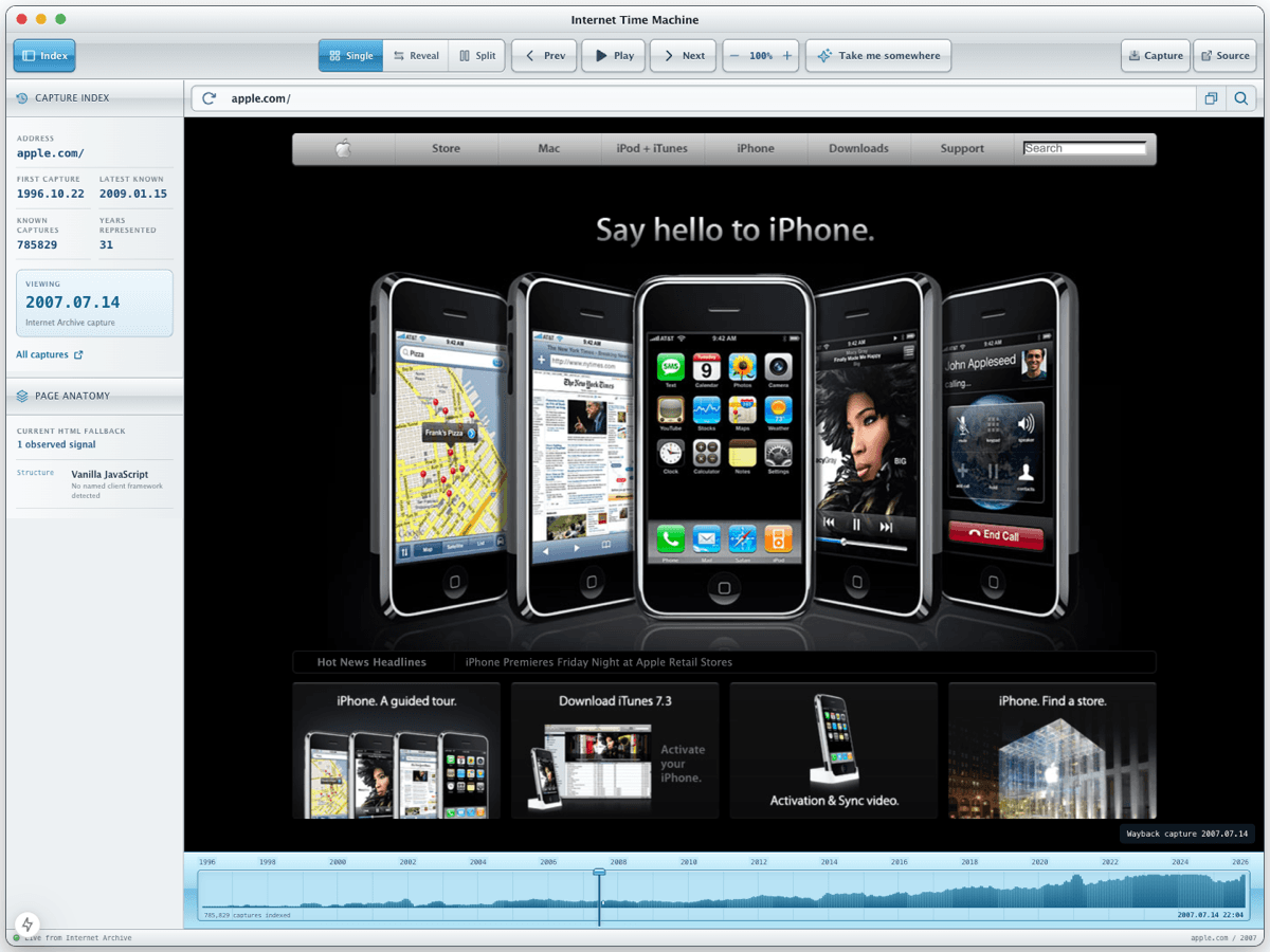 Internet Time Machine showing Apple’s 2007 homepage beside its capture index and archive timeline