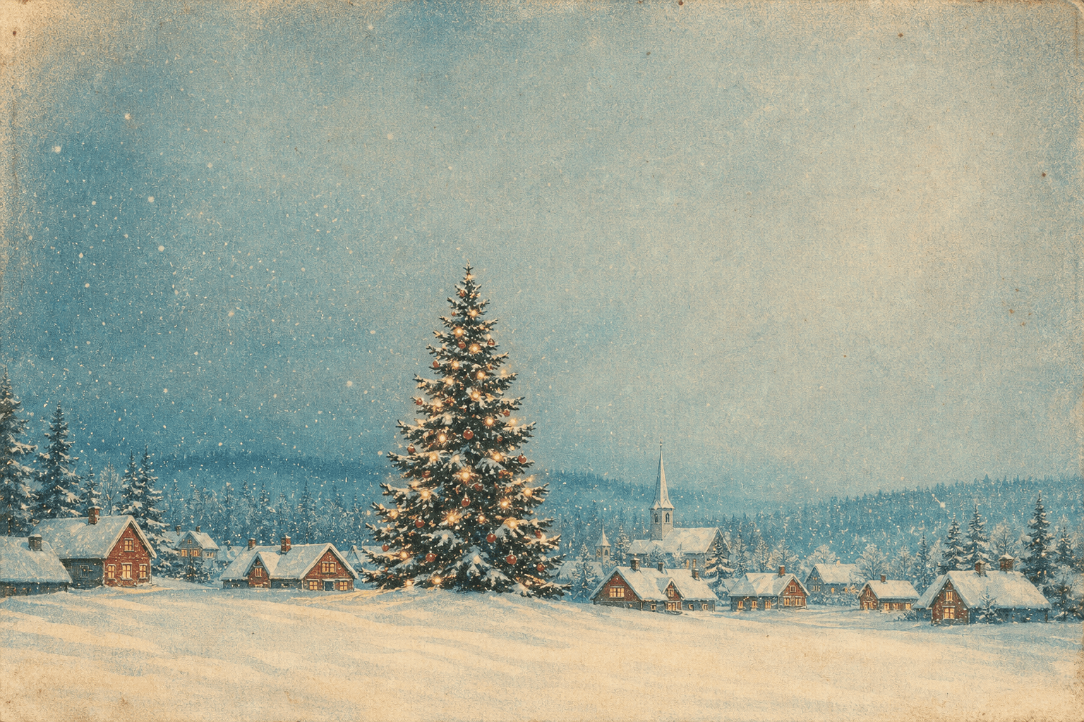 A faded illustrated winter village postcard with a decorated evergreen
